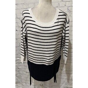 T By Talbots Navy Blue White Striped Cotton Blend Sweater Large